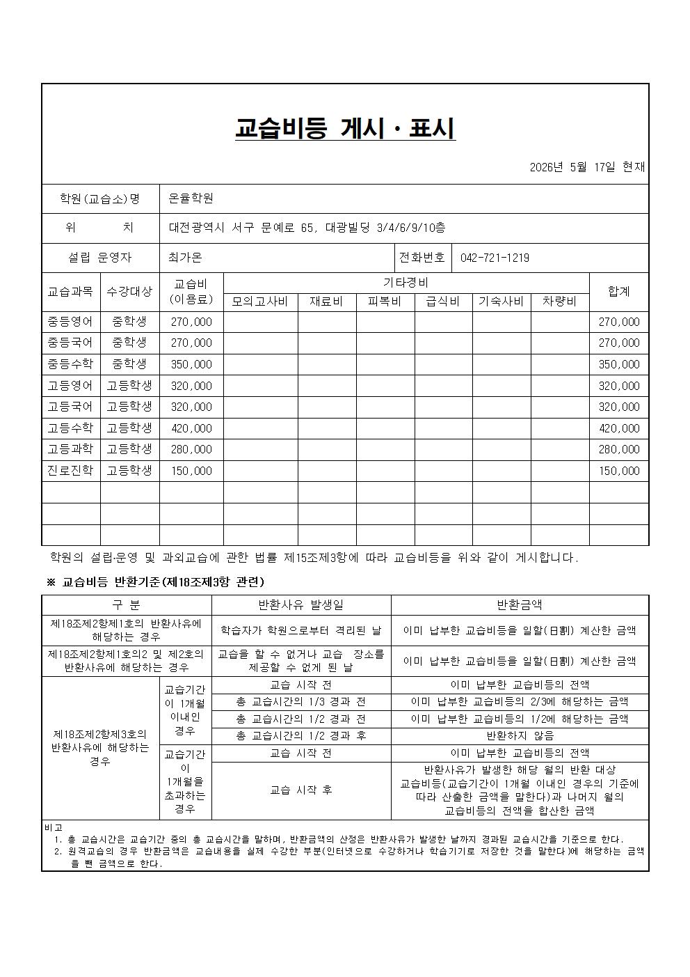온율학원 교습비 안내